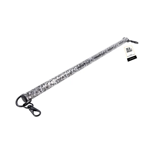 Sportsheets silver metal spreader bar with black lace pattern and end clips