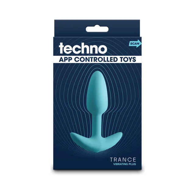 Techno Trance blue tapered vibrating plug pictured on navy retail box