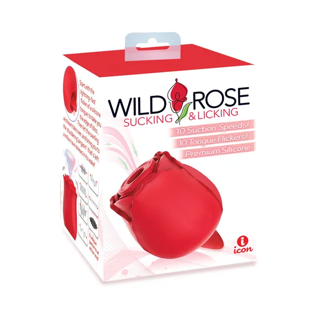 Wild Rose red tongue vibrator beside white retail box