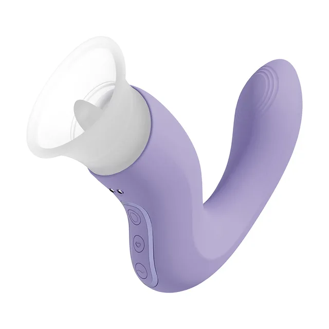 VIVE Dolce Callalily light purple pump and G-spot toy three-quarter view of the curved arm, clear cup and control panel