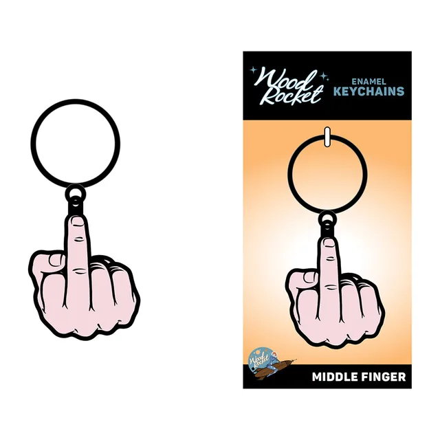 Wood Rocket middle finger metal keychain on retail card