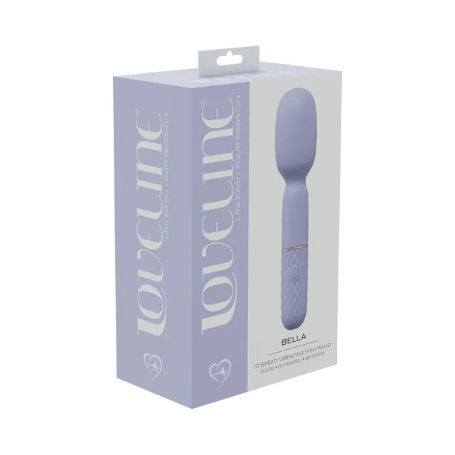 lavender LoveLine Bella mini wand vibrator pictured on purple box