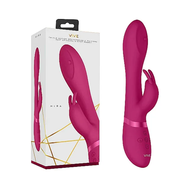 Pink VIVE Mira rabbit vibrator beside white and gold retail box