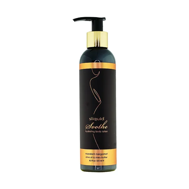 Black pump bottle of Sliquid Soothe Mandarin Bergamot lotion