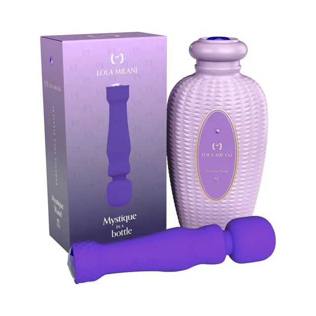 purple Lola Milani Mystique Wand vibrator with purple sculpted bottle and box
