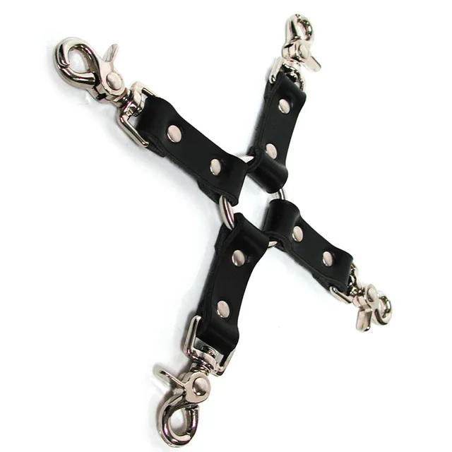 Black leather KinkLab hog tie with rivets and four silver hooks