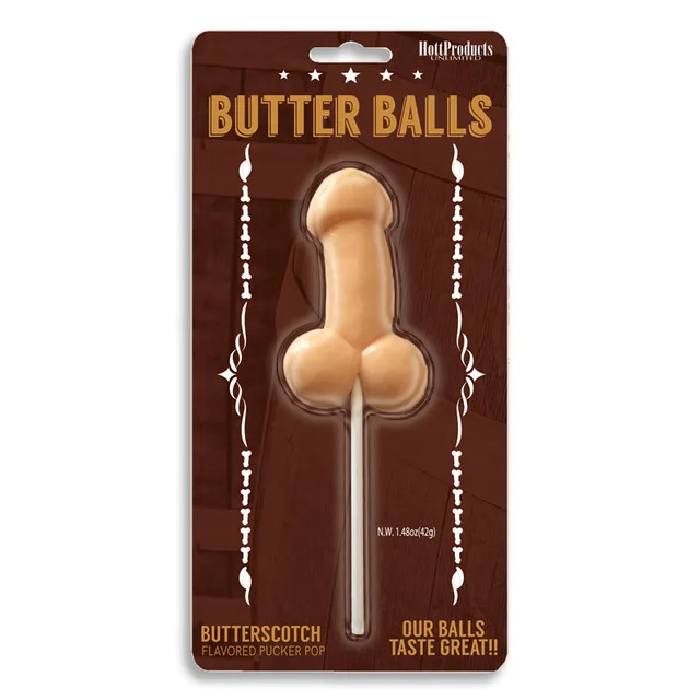 Butter Balls Butterscotch Pecker Pop in brown blister card