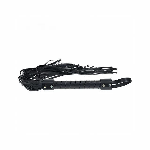 black bonded-leather flogger with wrapped handle and loop end
