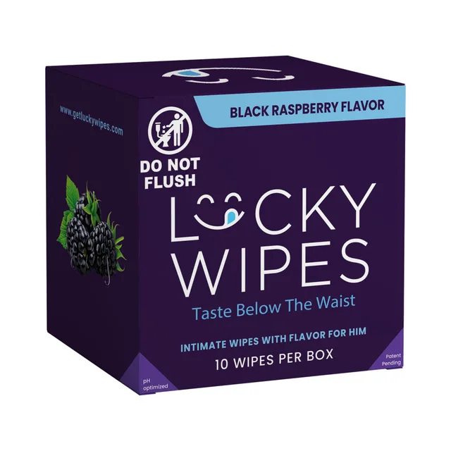 Sweetums Lucky Black Raspberry wipes 10-pack dark purple box with black raspberry illustration