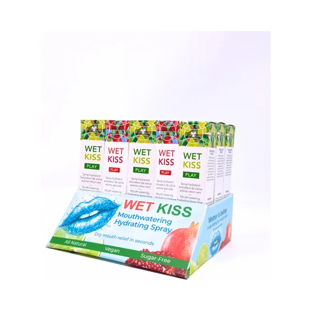 Angled Exsens Wet Kiss display with white pump sprays and blue tray