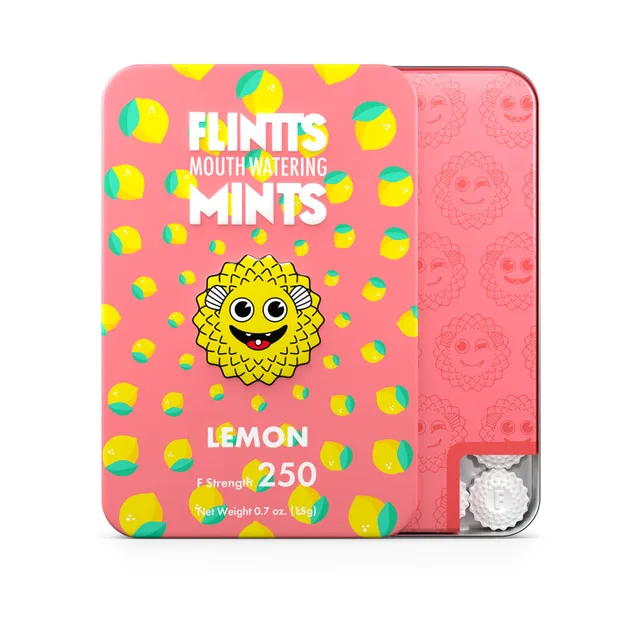Pink Flintts Lemon Mints F-Strength 250 slide tin with yellow lemon pattern