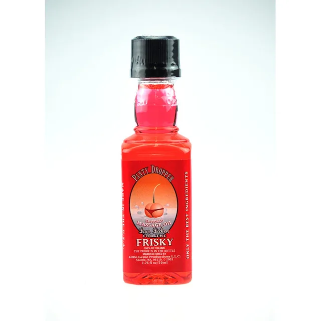 Love Lickers Panty Dropper hot-pink massage oil in clear bottle