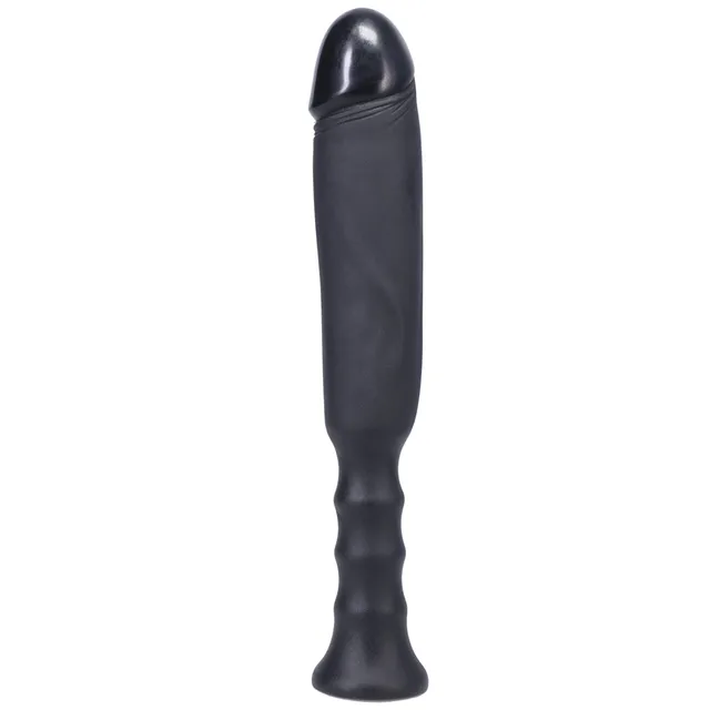 Left angle of black Tantus Anaconda with defined head and long handle