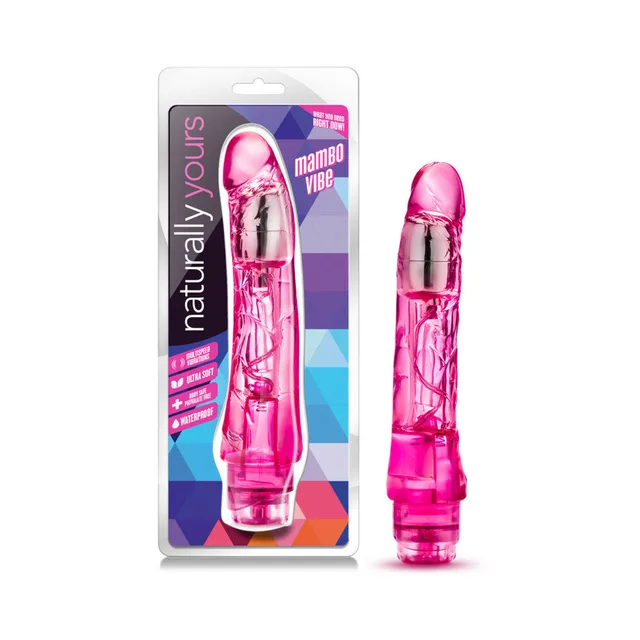 Pink Mambo Vibe vibrator beside Naturally Yours retail card