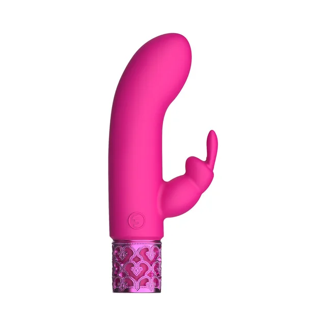 Side view of pink Dazzling vibrator with forked external arm