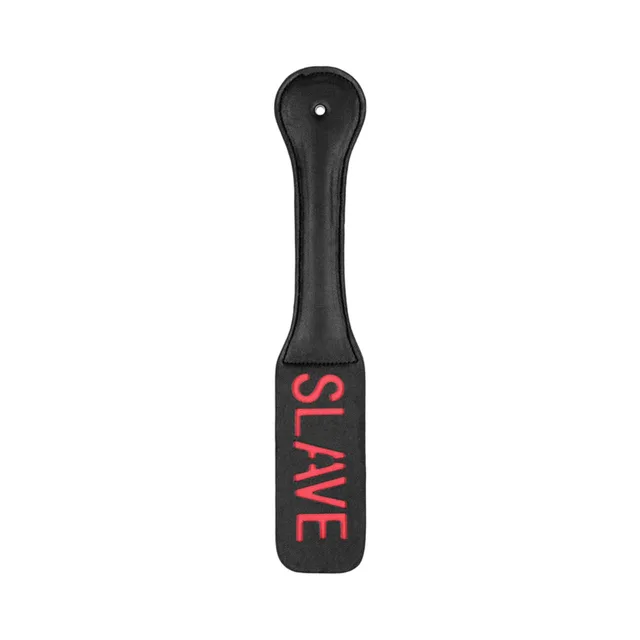 Black Ouch paddle with red SLAVE lettering and rounded handle