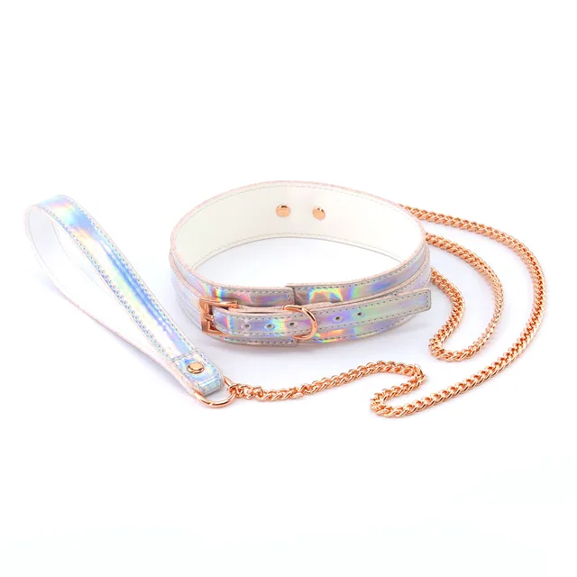 Holographic collar with rose-gold chain leash and snap hook