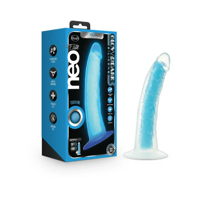 Blue Blush Neo Elite Prysm dildo standing beside retail box