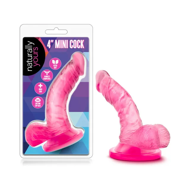 Blush Naturally Yours Pink 4 Inch Mini Dildo beside clear retail package