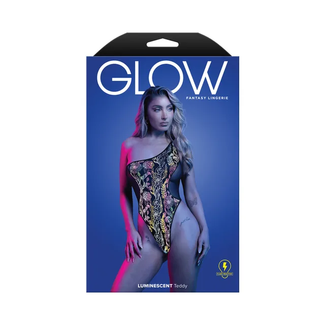 Model wearing black Fantasy Lingerie Glow one-shoulder floral teddy on box