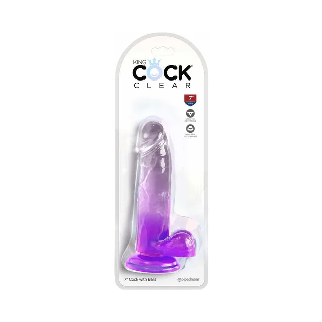 translucent purple King Cock Clear dildo with balls in clamshell