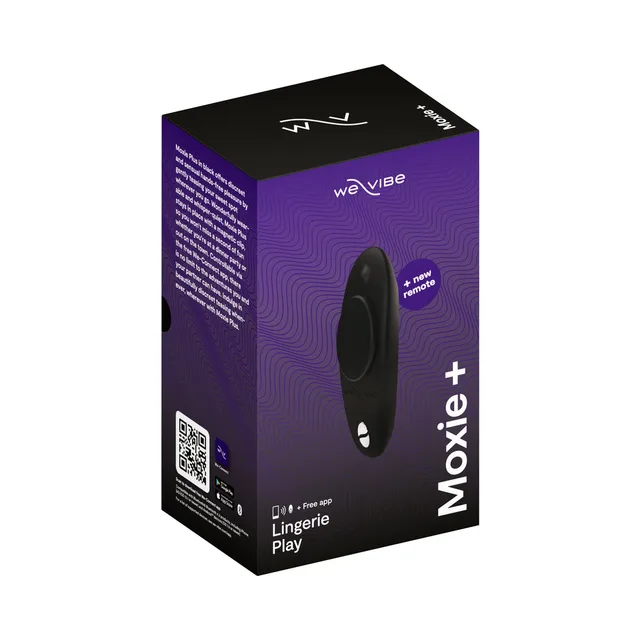 Satin-black We-Vibe Moxie+ wearable vibrator pictured on purple retail box