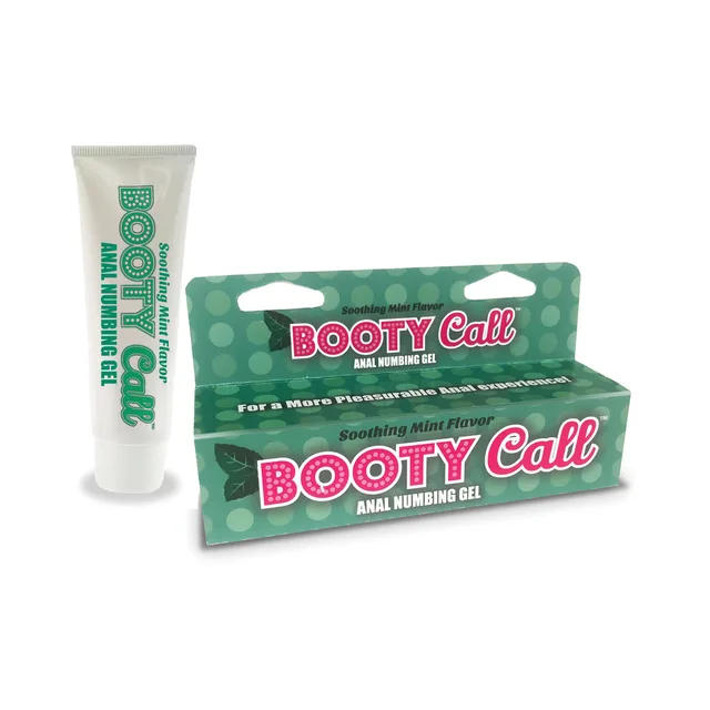 Little Genie Booty Call mint gel white squeeze tube beside teal polka-dot retail box