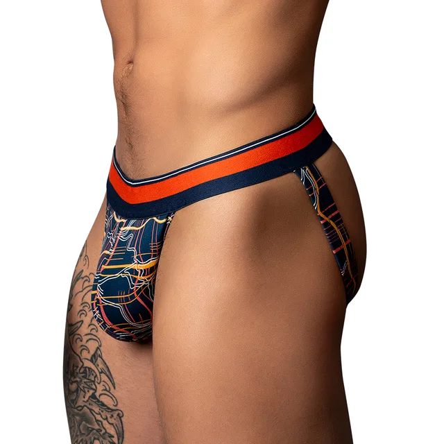 Male Power Soo Cumfy L/XL navy and orange jock front view worn by model