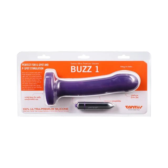 Tantus Buzz 1 amethyst purple dildo in clear retail package