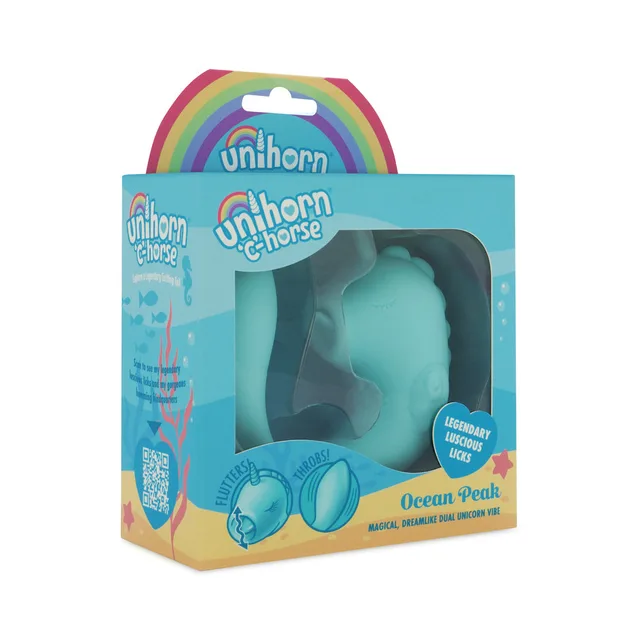 Blue Unihorn C-Horse Ocean Peak seahorse massager in aqua window box