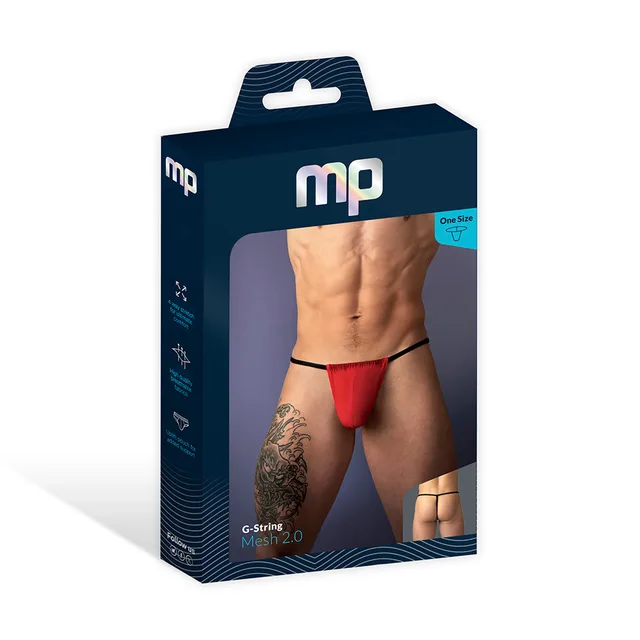 Male Power Mesh 2.0 G-String in red one size displayed in a navy window retail box