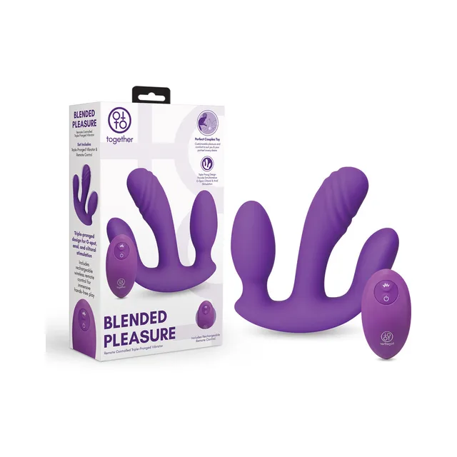 Purple Together Blended Pleasure triple-pronged vibrator and remote beside retail box