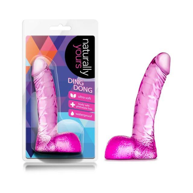 Naturally Yours Ding Dong Pink dildo beside colorful retail package