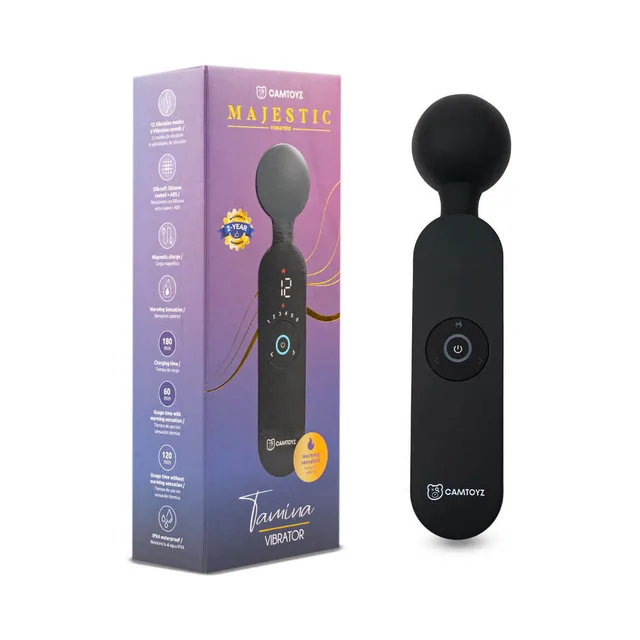 Camtoyz Majestic Tamina black wand vibrator beside purple retail box