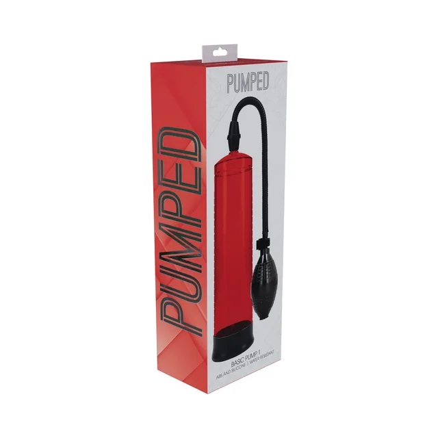 Red Shots Pumped Basic Pump 1 with black squeeze bulb displayed in retail box