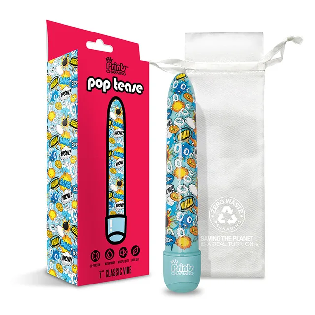 Pop Tease Bang blue comic-print vibrator with box and white pouch