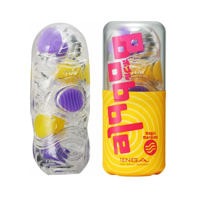 Tenga Bobble Magic Marbles clear case and yellow sleeve