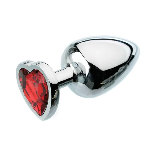 Adam & Eve Red Heart Large metal anal plug horizontal side view with red heart base