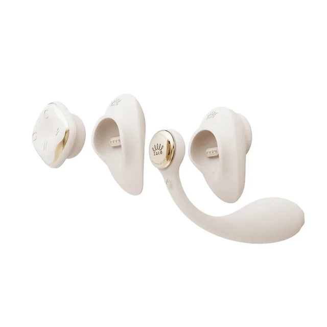 Zalo Aurora Deya Ivory White wearable vibrator set exploded view of curved body, control pod and square remote