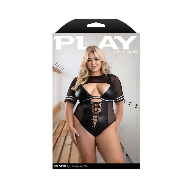 black Go Deep football bodysuit and cropped jersey costume in 3XL/4XL packaging