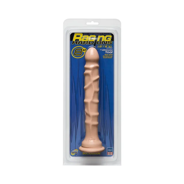 Doc Johnson Raging H/O Slimline 8-inch dildo in blue card packaging