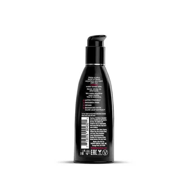 Back of Wicked Aqua Cherry 2 oz bottle with red ingredient text