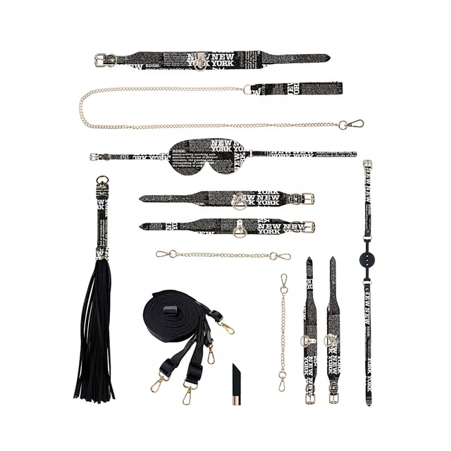 black and white New York text-print restraint pieces arranged together
