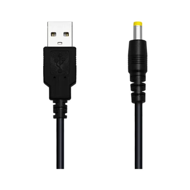 Black Lovense Domi charging cable with USB-A plug and yellow-tip barrel connector