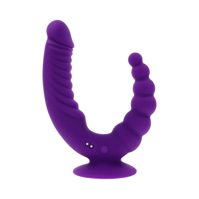 Front view of purple Rider with ribbed main shaft and beaded side arm