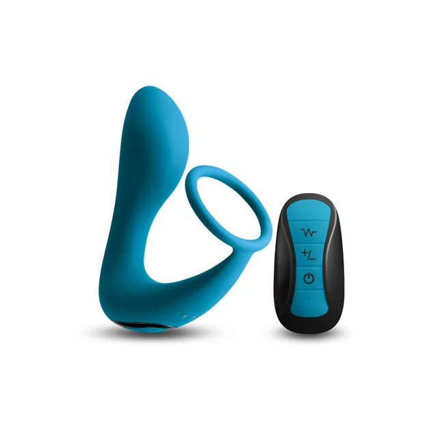 Teal dual-loop Slingshot II beside black remote