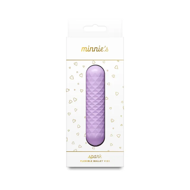 Minnie's Spark purple textured bullet vibrator inside the white hanging retail box