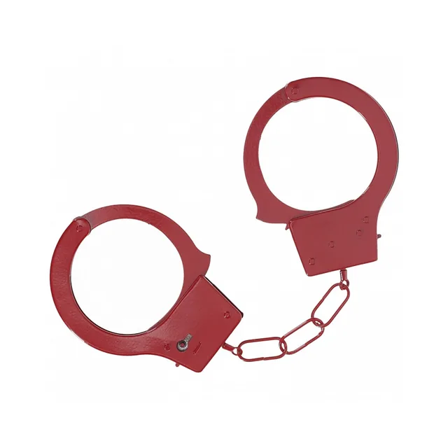 Ouch Classic red iron handcuffs with round arms and matching chain
