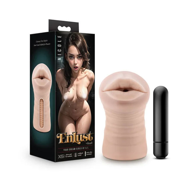 beige EnLust Nicole ribbed vibrating stroker with black bullet beside retail box