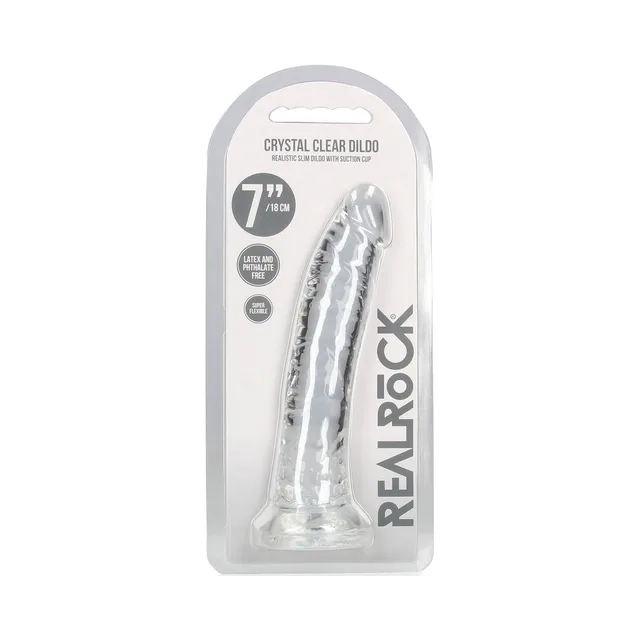 RealRock Crystal Clear Slim 7-inch dildo retail pack